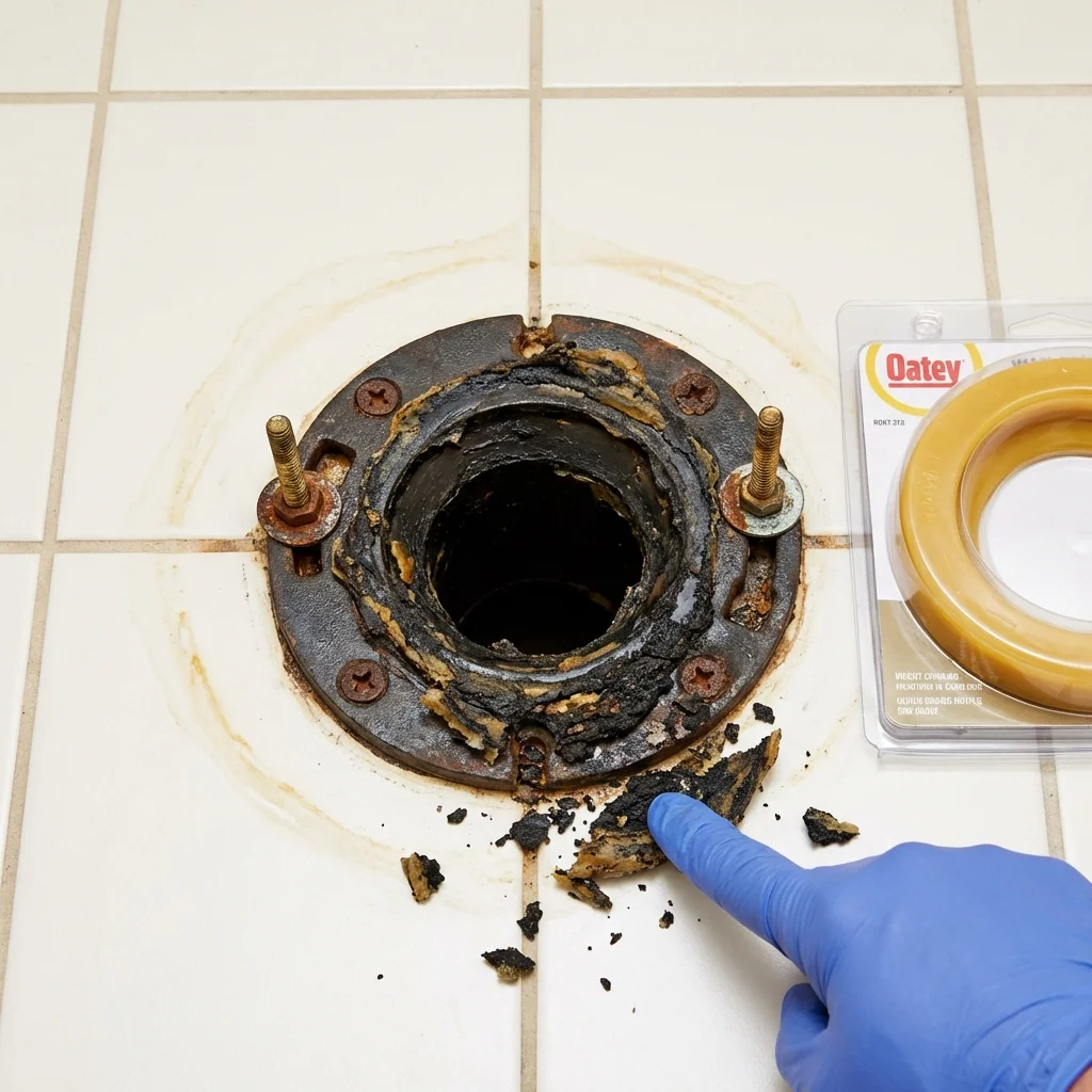 Failed wax ring showing water seepage at the base of a toilet in a Granville, NY home
