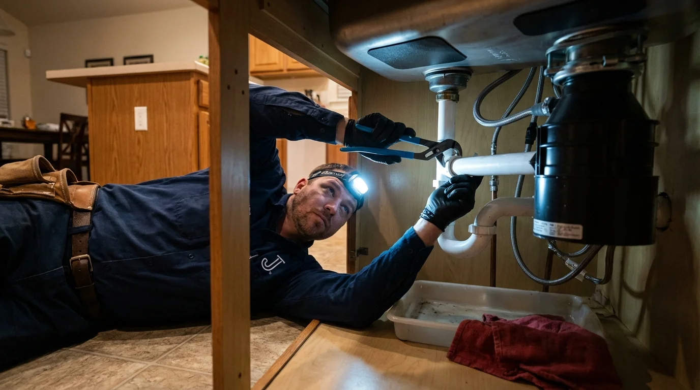 P-trap and supply line connections under a kitchen sink showing a common leak point in Granville, NY